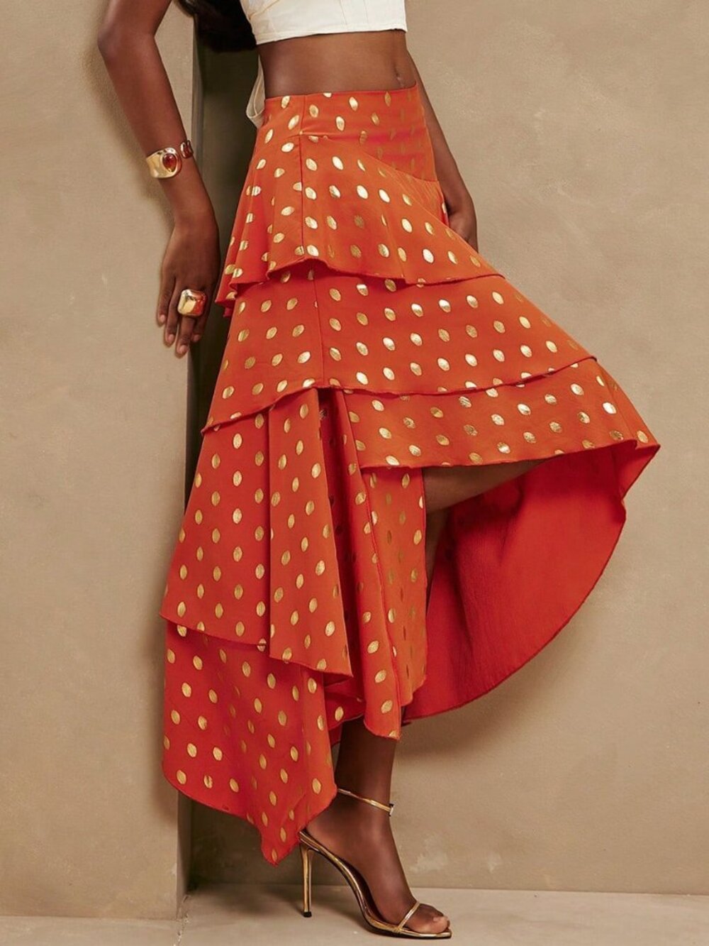 Orange Boho Women's Asymmetrical Layered Midi Skirt